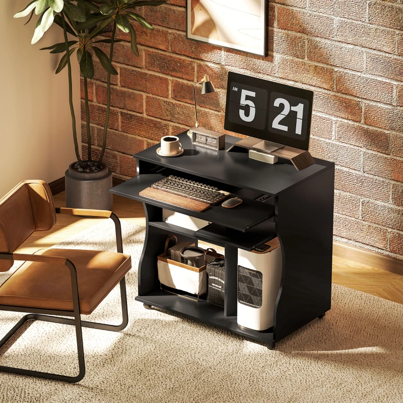 HOMCOM Computertisch mit Rollen, Schreibtisch mit Stauraum, 80 x 48 x 75 cm, Schwarz
