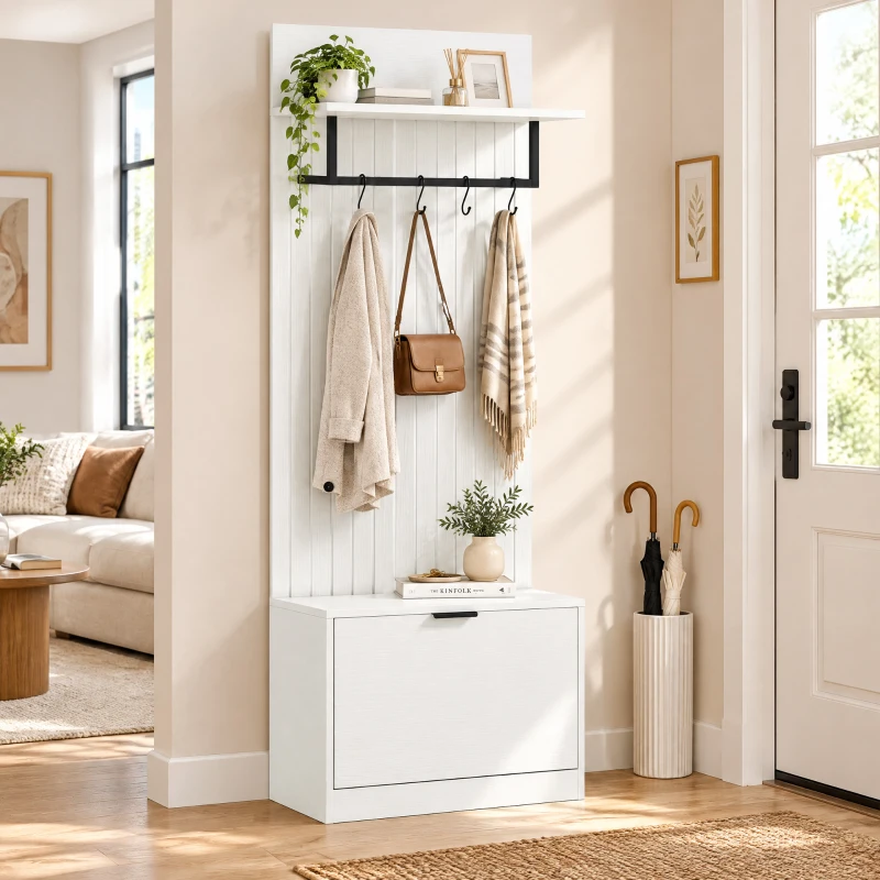 HOMCOM Cuier 5 în 1, Mobilier de Intrare, Banc pentru Pantofi, Sertar Rabatabil, Rafturi Reglabile, 4 Cârlige, Alb