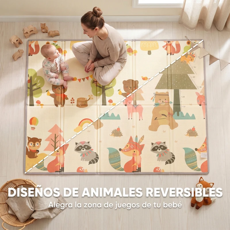 AIYAPLAY Alfombra Infantil Plegable y Reversible 200x150 cm Antideslizante e Impermeable Diseño Árbol y Bosque