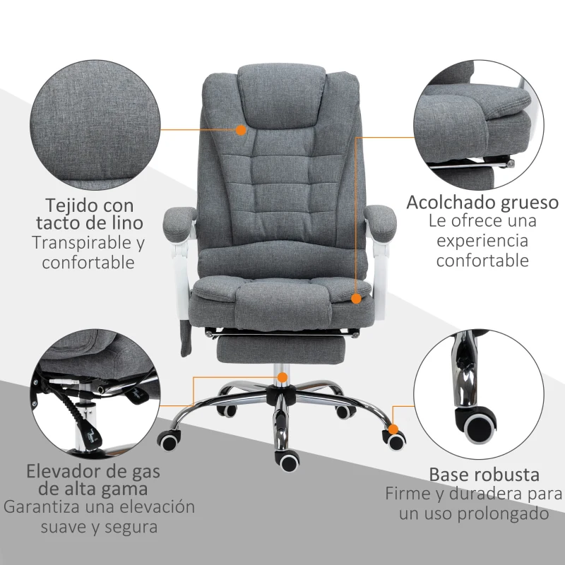 Vinsetto Silla de Oficina con 6 Puntos de Masaje Función de Calentamiento Reposapiés y Control Remoto 65x70x111-119 cm Gris