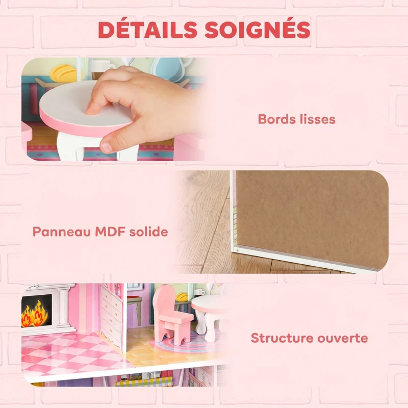AIYAPLAY Maison de Poupée en Bois pour Enfants, Maison de Rêve Filles, 6 Pièces, Éclairage LED et 8 Meubles, 3-6 ans, Rose