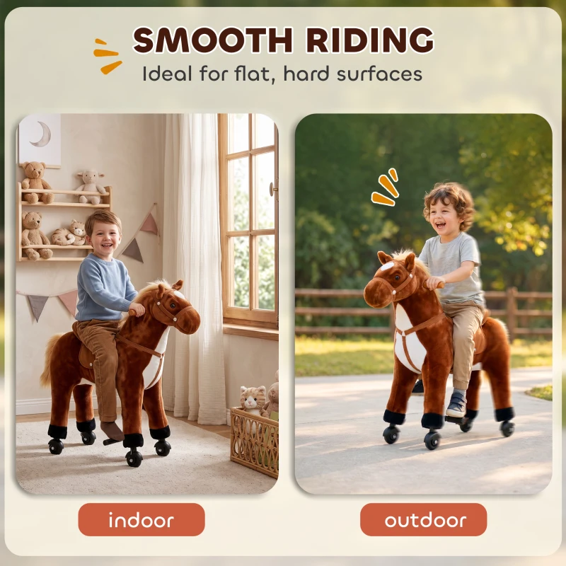 HOMCOM Cheval à Monter pour Enfant, Cheval à Roulettes en Peluche, Sons Réalistes, Poignée, 75 cm de Haut, Marron