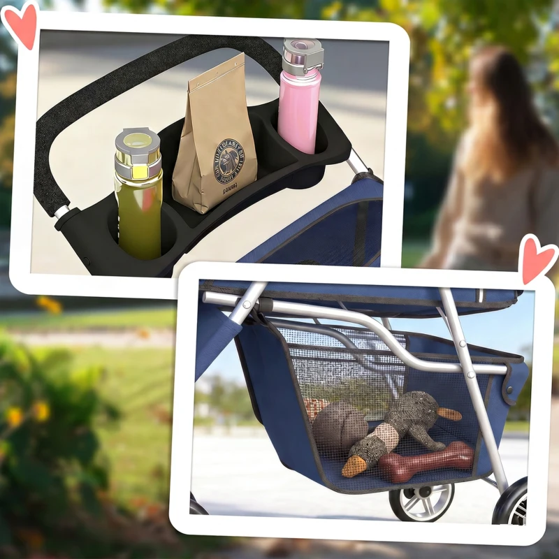 PawHut Carrito para Perros Pequeños Plegable hasta 10 kg con 3 Ruedas Capota Cesta Ventanas de Malla Portavasos Azul Oscuro