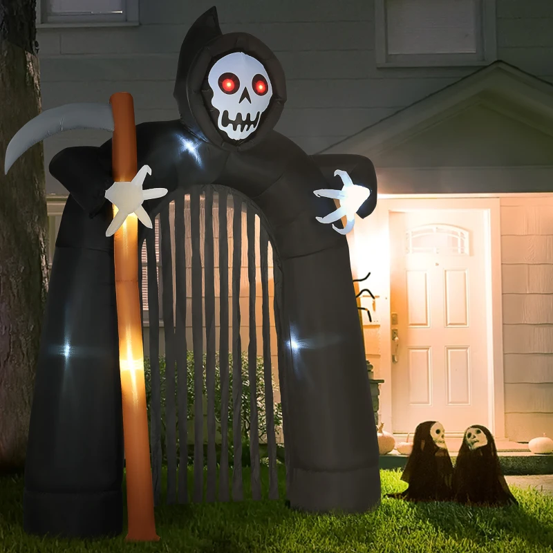 HOMCOM Große Halloween-Gartendekoration Sensenmann-Torbogen selbstaufblasbar LED-Beleuchtung 2,85 m