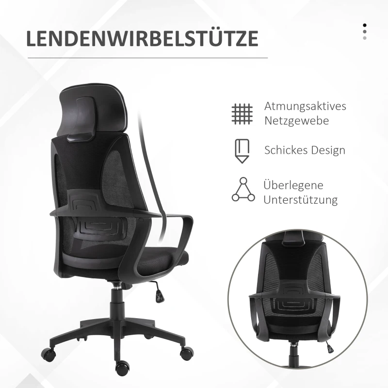Vinsetto Bürostuhl, Schreibtischstuhl mit Wippfunktion Höhenverstellbarer mit Kopfstütze, Lendenstütze Schwarz