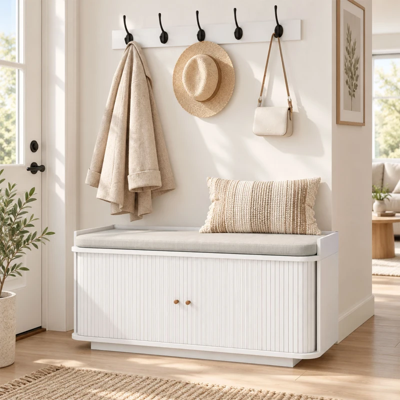 HOMCOM Hallway Storage Unit, Hallway Furniture Set with Shoe Storage Cabinet and 5 Hooks Coat Rack, White