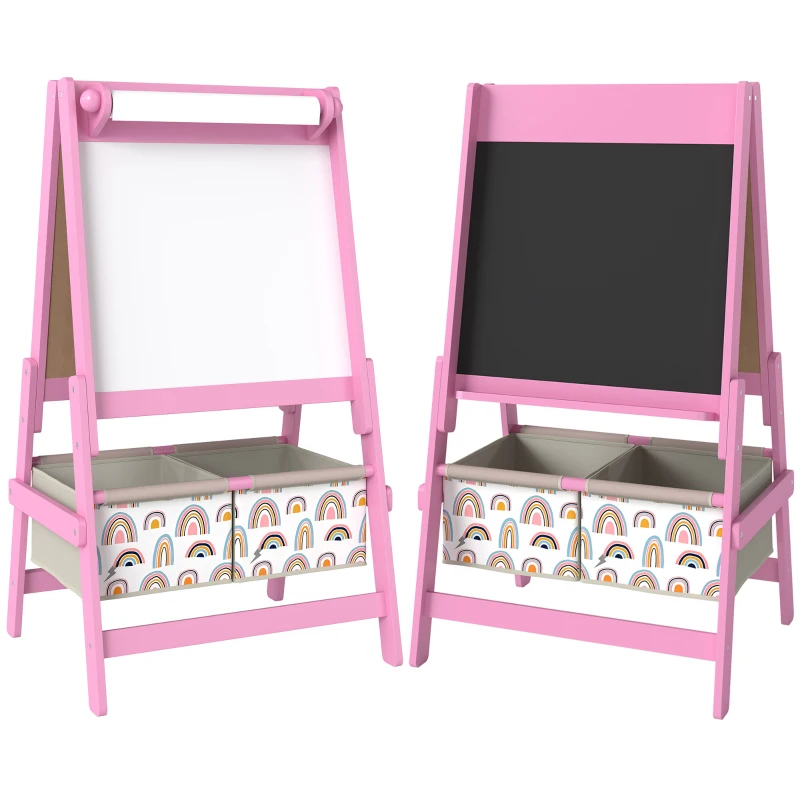 AIYAPLAY Cavalete Infantil 3 em 1 Dupla Face, Quadro Negro e Quadro Branco, Rolo de Papel, Cestos, Prateleira, 3-8 Anos, Rosa