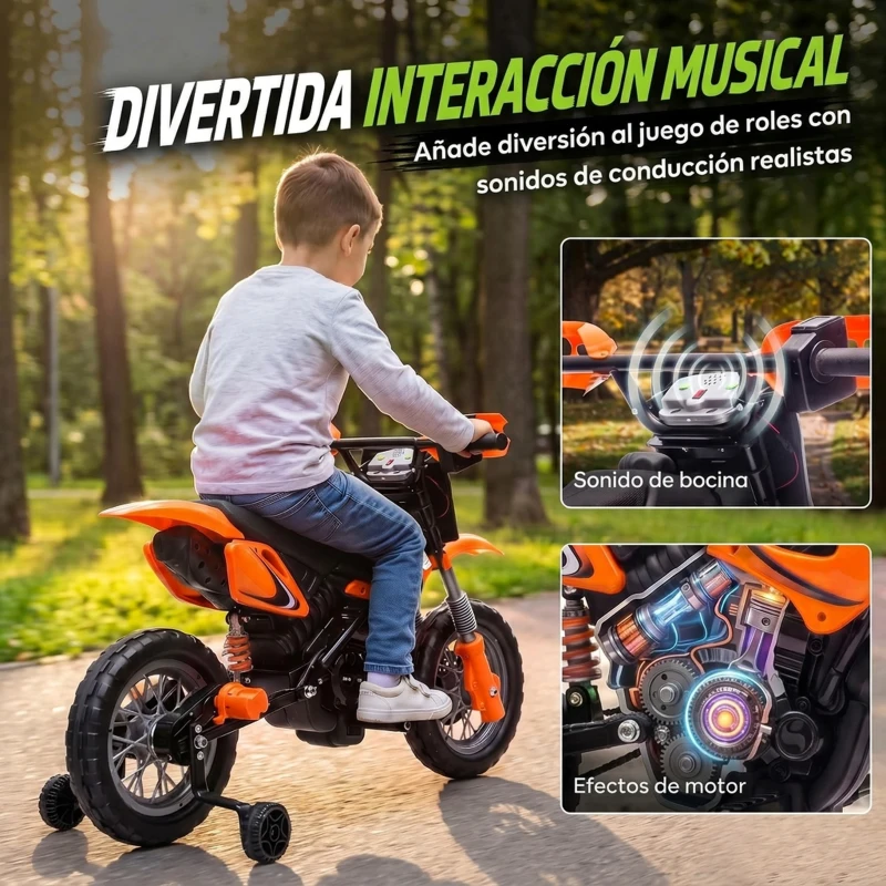 AIYAPLAY Moto Eléctrica Niños 12V 2 Ruedas Auxiliares Desmontables 2 Motores Suspensión Trasera 3 km/h 3-6 Años Naranja