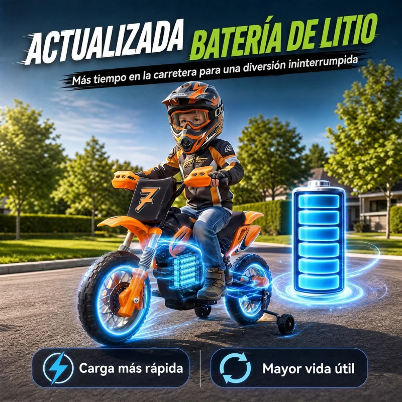 AIYAPLAY Moto Eléctrica Niños 12V 2 Ruedas Auxiliares Desmontables 2 Motores Suspensión Trasera 3 km/h 3-6 Años Naranja