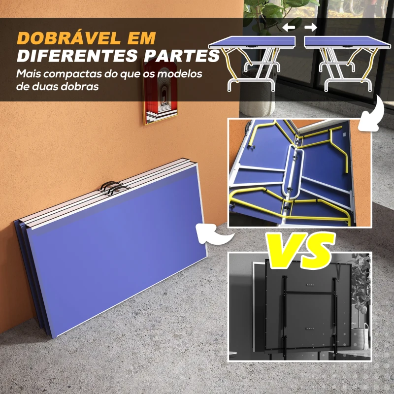 SPORTNOW Mesa de Ping-Pong Dobrável com Rede Apoio para os Pés Ajustáveis e Estrutura de Aço para Interior e Exterior 274x152,5x76 cm Azul