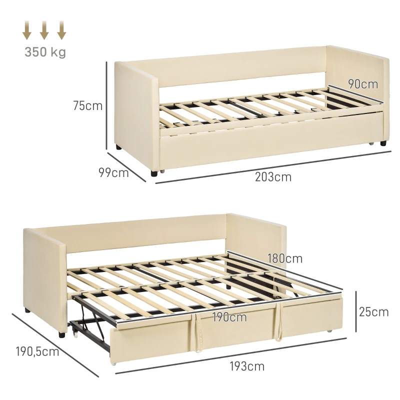HOMCOM Estructura de Cama 2 en 1 Extraíble Cama de Nido Matrimonio Cabecero Tapizado para Colchones de 90x190 cm Beige