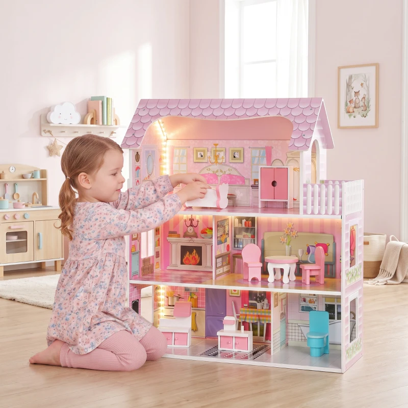 AIYAPLAY Casa delle Bambole in Legno per Bambini a 3 Piani con Luci LED DIY, 8 Mobili, 6 Stanze, 3-6 Anni, Rosa