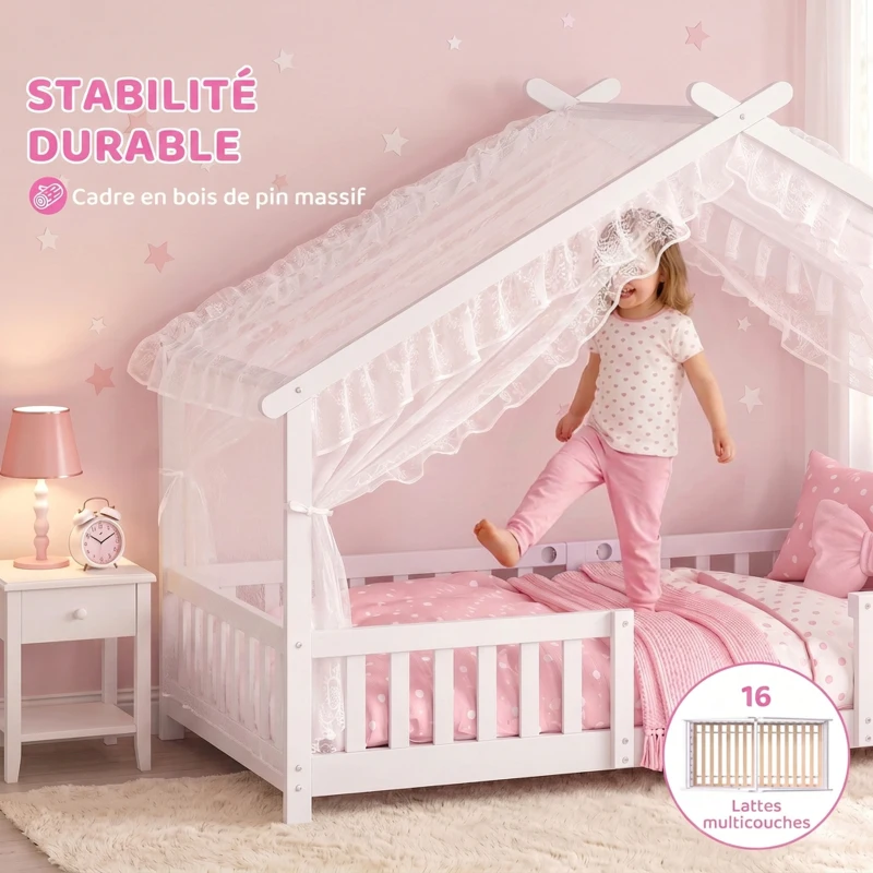 AIYAPLAY Lit Cabane Enfant 90x200 cm, Lit Enfant en Forme de Maison avec Barrières de Sécurité et Sommier à Lattes Solides, Blanc