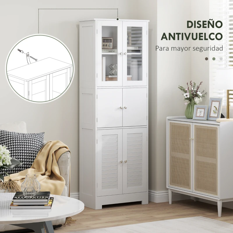 HOMCOM Mueble Auxiliar de Baño con 6 Puertas Estantes Ajustables Antivuelco Armario de Baño Moderno 60x30x170,5 cm Blanco