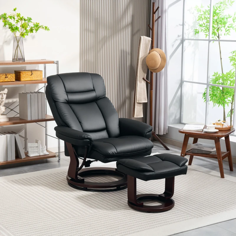HOMCOM Relaxsessel mit Fußhocker, Verstellbarer Sessel, Kunstleder-Bezug, Polstersessel mit klappbarer Rückenlehne, Schwarz(m-10)