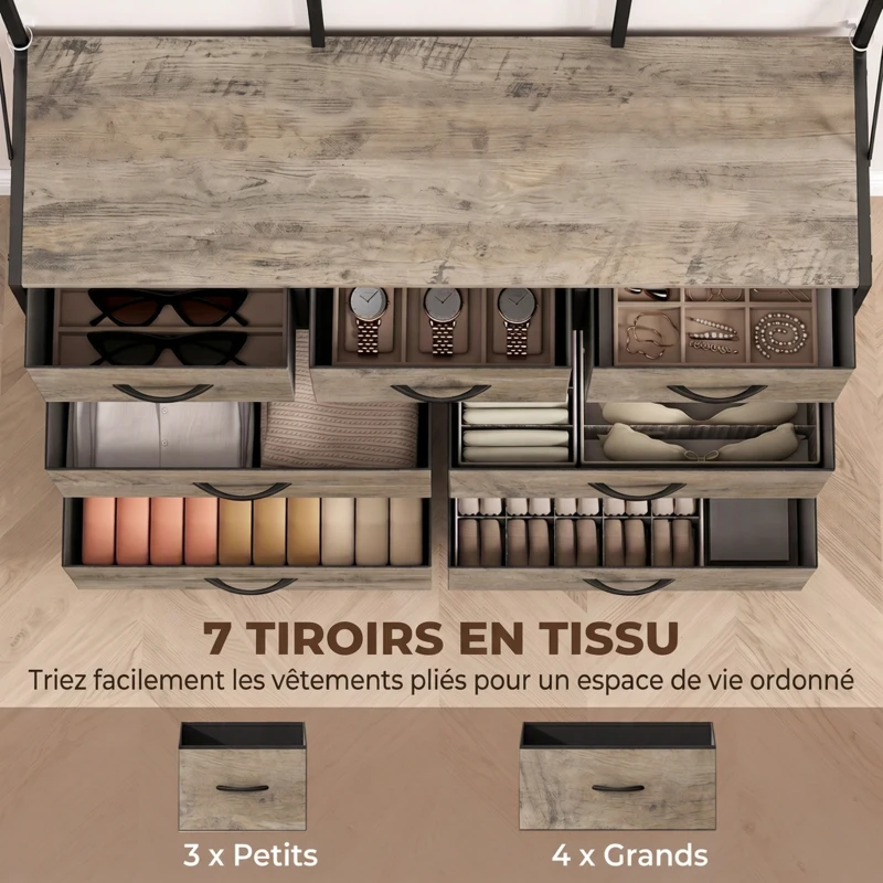 HOMCOM Porte-Manteau 4 en 1, Meuble d'Entrée avec 7 Tiroirs Pliables en Tissu, 14 Crochets et Panneau Grillagé, Gris Effet Bois