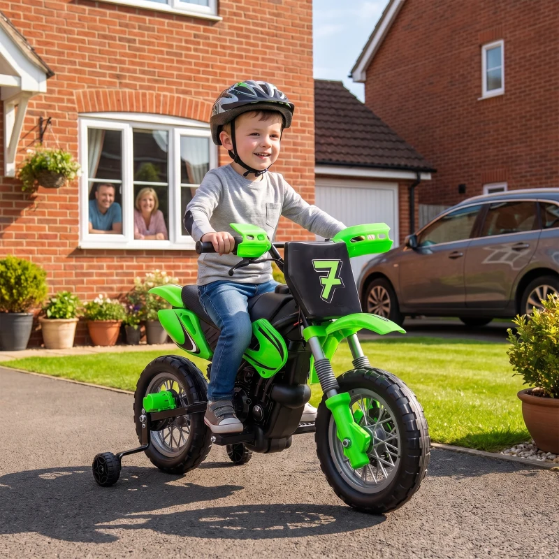 AIYAPLAY Moto Eléctrica Niños 12V con 2 Ruedas Auxiliares Desmontables 2 Motores Suspensión Trasera 3 km/h 3-6 Años Verde