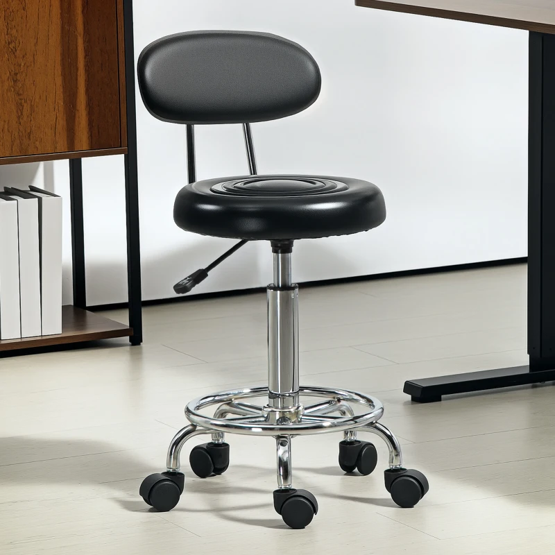 HOMCOM Rollhocker, Drehbarer und verstellbarer Hocker mit Rückenlehne, Kunstlederbezug, Fußstütze, für Frisiertische, Schwarz