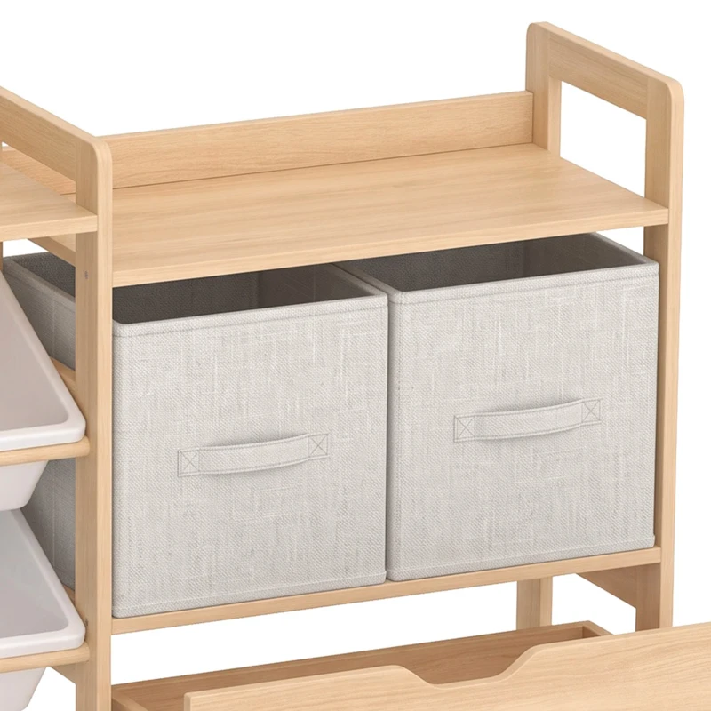 AIYAPLAY Meuble Rangement Enfant, Rangement Jouet Enfant, 9 Bacs, 2 Tiroirs Tissu, Tiroir en Bois sur Roulettes, Naturel et Blanc