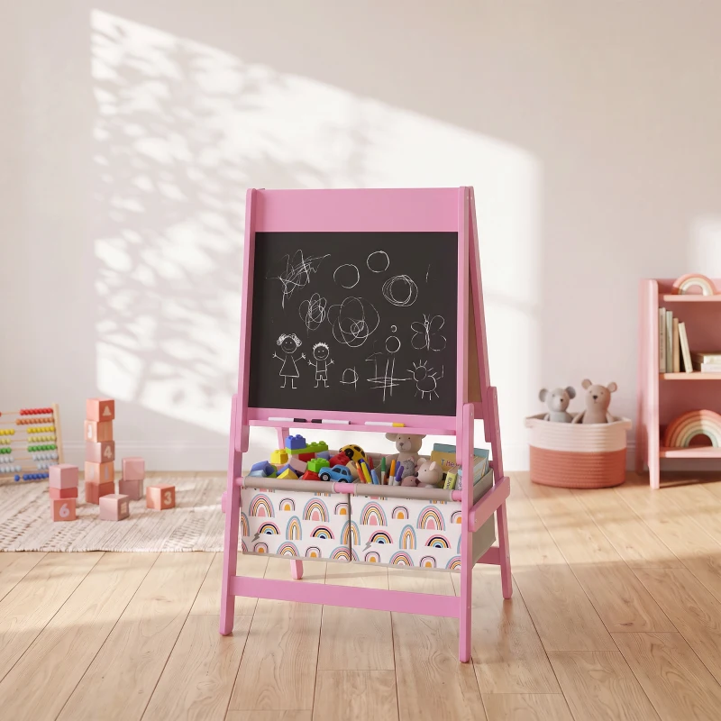 AIYAPLAY Cavalete Infantil 3 em 1 Dupla Face, Quadro Negro e Quadro Branco, Rolo de Papel, Cestos, Prateleira, 3-8 Anos, Rosa