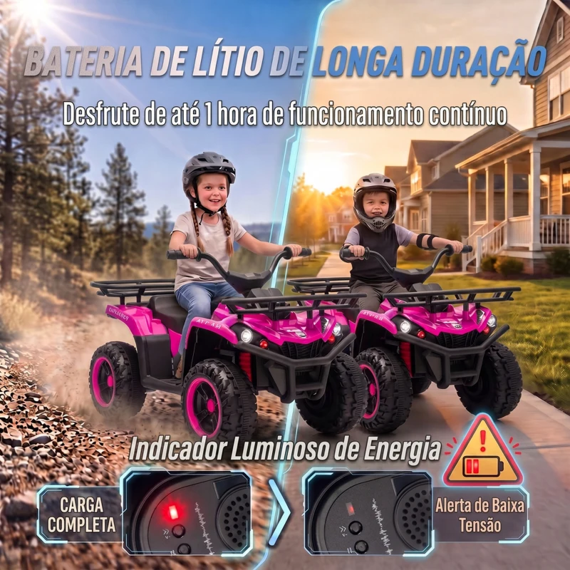 AIYAPLAY Quad Elétrico Infantil 12V com 2 Motores, Bateria de Lítio, 2 Cestos e MP3, Rosa, 3-8 Anos