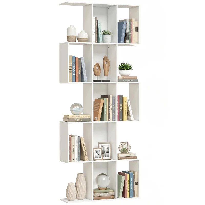 HOMCOM Bibliothèque à 5 niveaux, étagère de rangement en forme S avec 15 compartiments ouverts, 80 x 24 x 200 cm, blanc