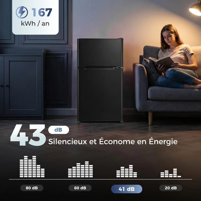 HOMCOM Mini Réfrigérateur Congélateur 90 L, Petit Frigo Compact Silencieux, 2 Portes Réversibles, Thermostat Réglable, Noir