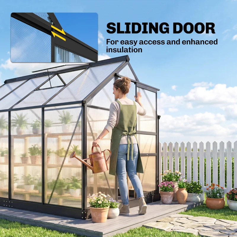 Outsunny 6 x 8ft Polycarbonate Greenhouse, Large Walk in Green House with Slide Door and Window, Garden Plants Grow House with Aluminium Frame and Foundation, Grey