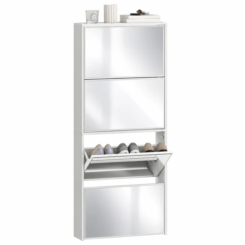 HOMCOM Dulap cu Oglindă și 4 Uși Anti-Răsturnare din Lemn, 63x17x146 cm, Alb