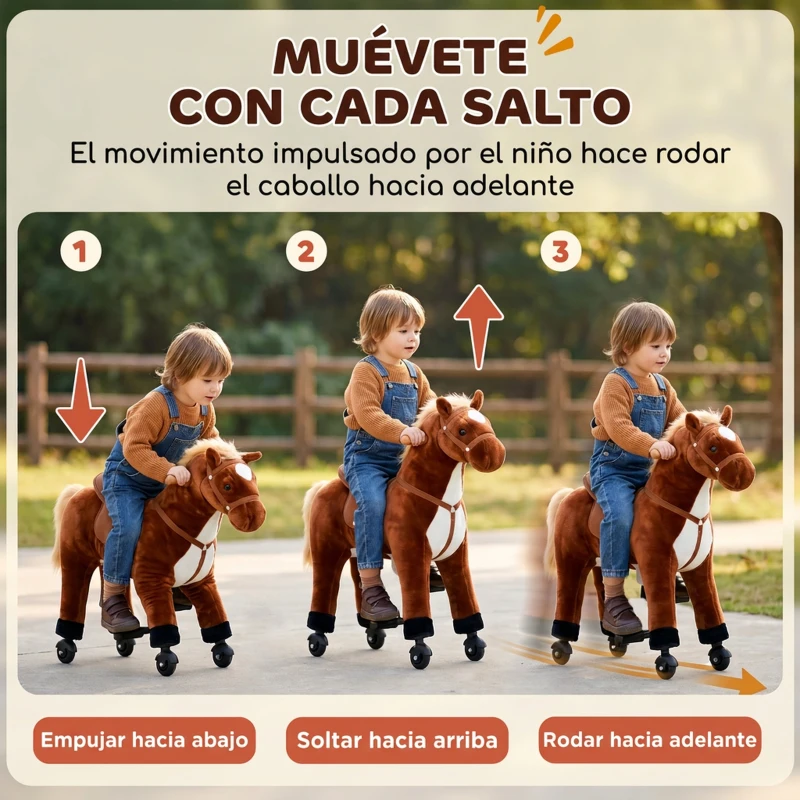 HOMCOM Caballo de Juguete para Niños de +2 Años con Ruedas Sonidos y Estructura de Metal Carga 60kg 65x28x75 cm Marrón
