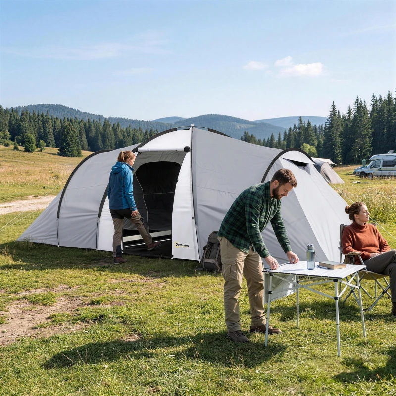 Outsunny Tenda da Campeggio 5 Posti con 2 Camere Impermeabile con Baldacchino, 590x245x193 cm, Grigio