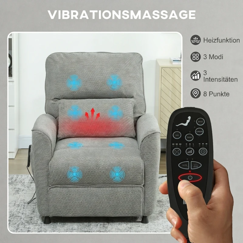HOMCOM Relaxsessel Fernsehsessel Elektrisch mit Liegefunktion Heizung Vibrationsmassage