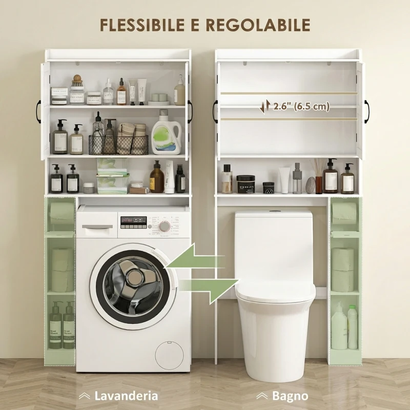 HOMCOM Mobile Sopra WC con Armadietto a 2 Ante Ventilate e Ripiani Aperti, Barra Inferiore, 80x19.5x170 cm, Bianco