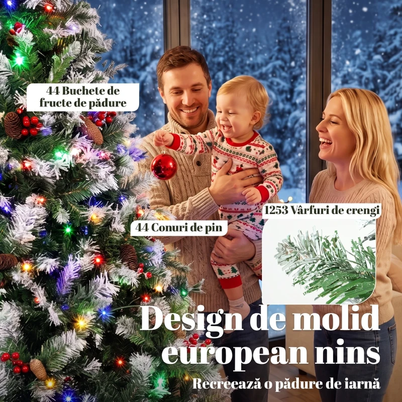 HOMCOM Brad de Crăciun Înzăpezit 210 cm, 400 de Lumini LED Bicolore, Telecomandă, 11 Modalități, 1253 de Ramuri, Conuri de Pin, Fructe Roșii