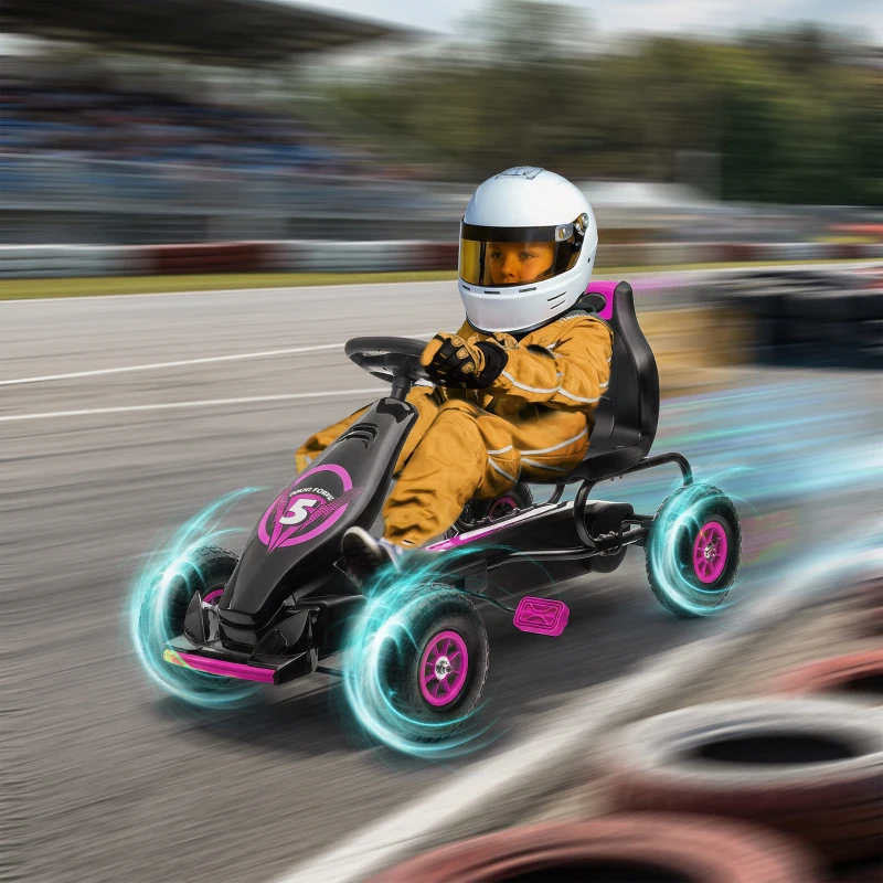 HOMCOM Go Kart a Pedali per Bambini 5-12 Anni con Sedile Regolabile, in Metallo e PP 117x58x61 cm, Rosa e Nero