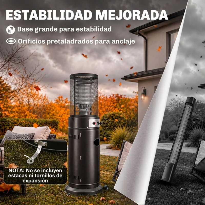 Outsunny Estufa de Gas para Terraza 11 kW con Regulación Continua Rejilla Protectora Antivuelco y 2 Ruedas Negro