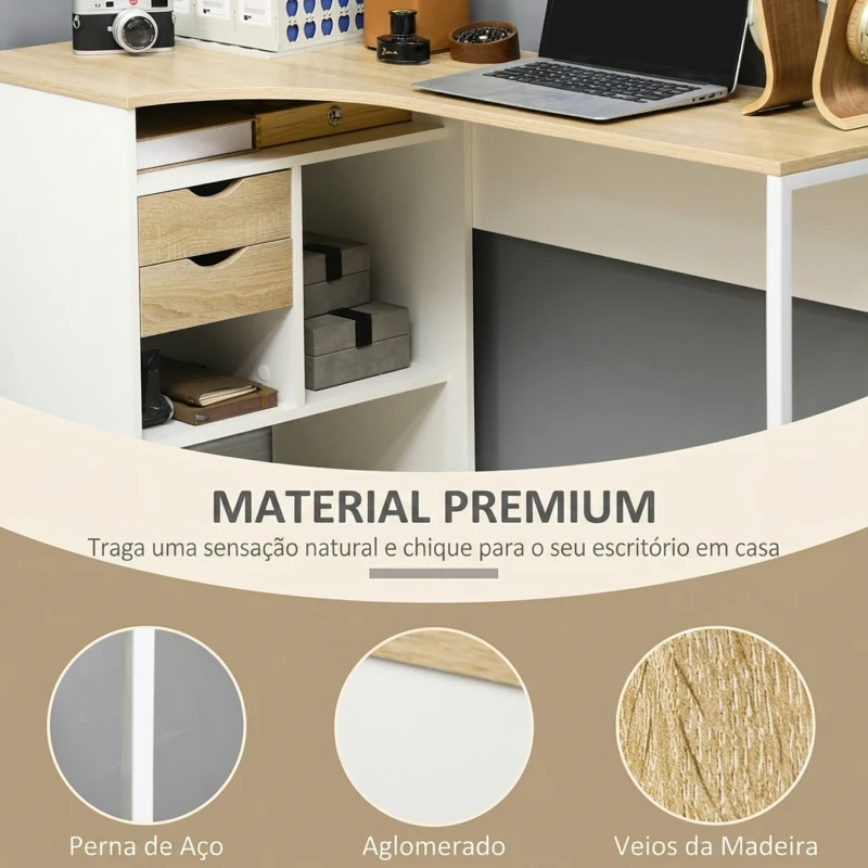 HOMCOM Secretária de Canto em L 120x60 cm com 2 Gavetas e 3 Compartimentos Abertos para Escritório e Estudo, Natural e Branco