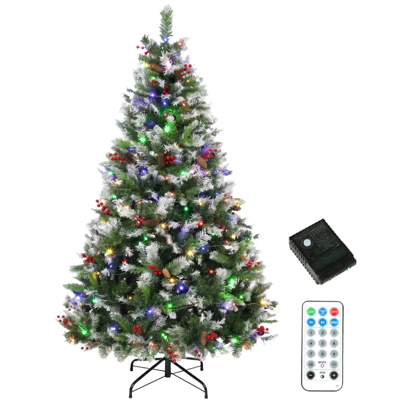 HOMCOM Brad de Crăciun Înzăpezit 210 cm, 400 de Lumini LED Bicolore, Telecomandă, 11 Modalități, 1253 de Ramuri, Conuri de Pin, Fructe Roșii