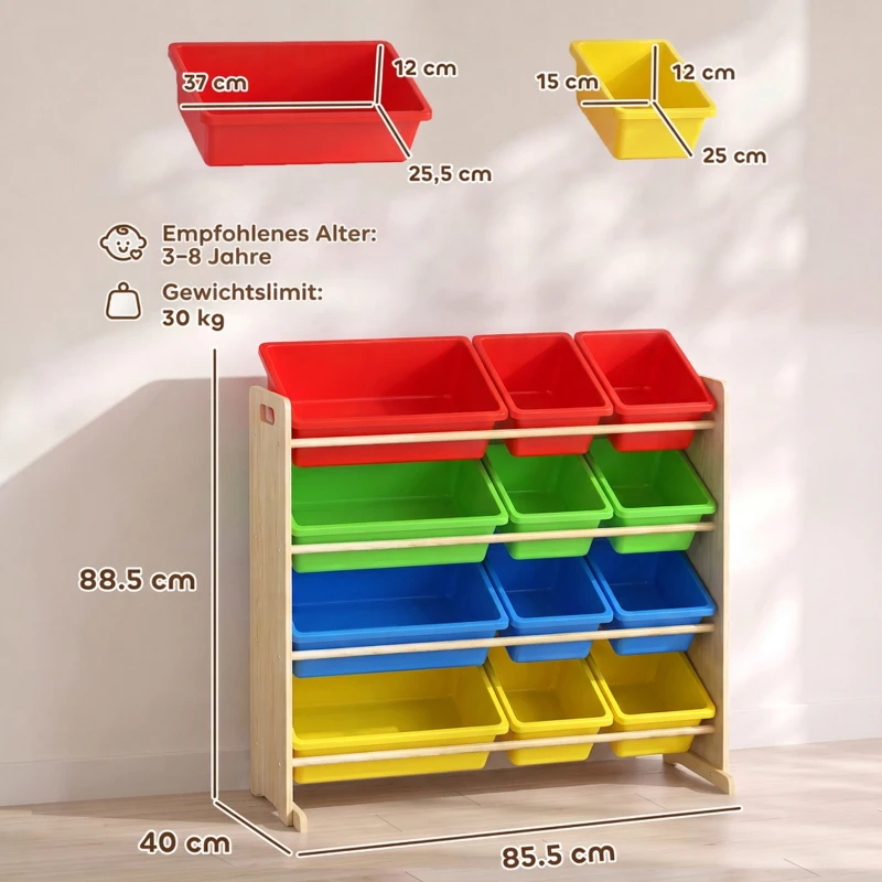 AIYAPLAY Regał dla dzieci, 4-poziomowy regał na zabawki z 12 wyjmowanymi pojemnikami 85,5 x 40 x 88,5 cm, Wielokolorowy