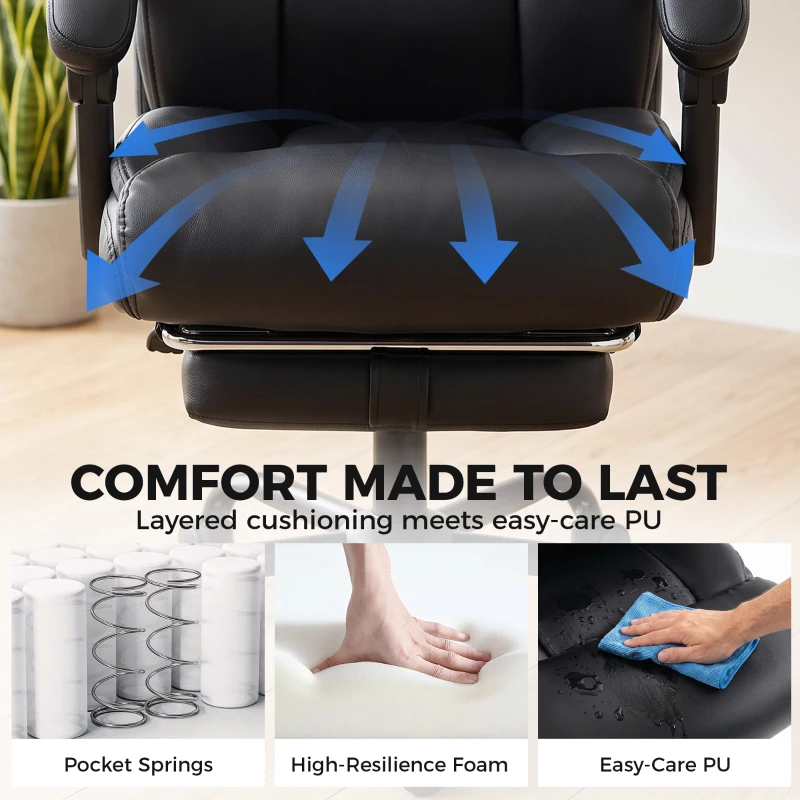 HOMCOM Executive Office Chair, 180kg Big and Tall PU Desk Chair with Linked Armrests, Pocket Spring Cushion, Adjustable Height, Rocking Function, 165° Reclining Backrest, Footrest, PU Casters, Black
