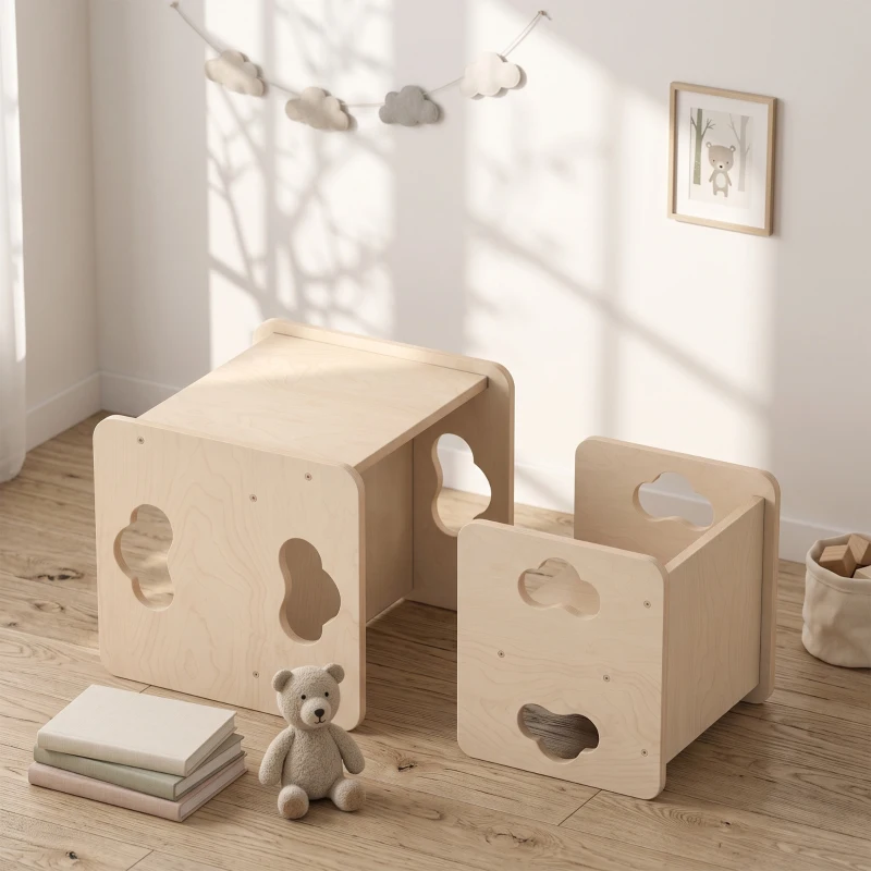 AIYAPLAY Ensemble Table et Chaise Enfant Réversible, Hauteurs Réglables, Poignées Nuage, 18-36 Mois, 38 x 36 x 33,5 cm, Naturel
