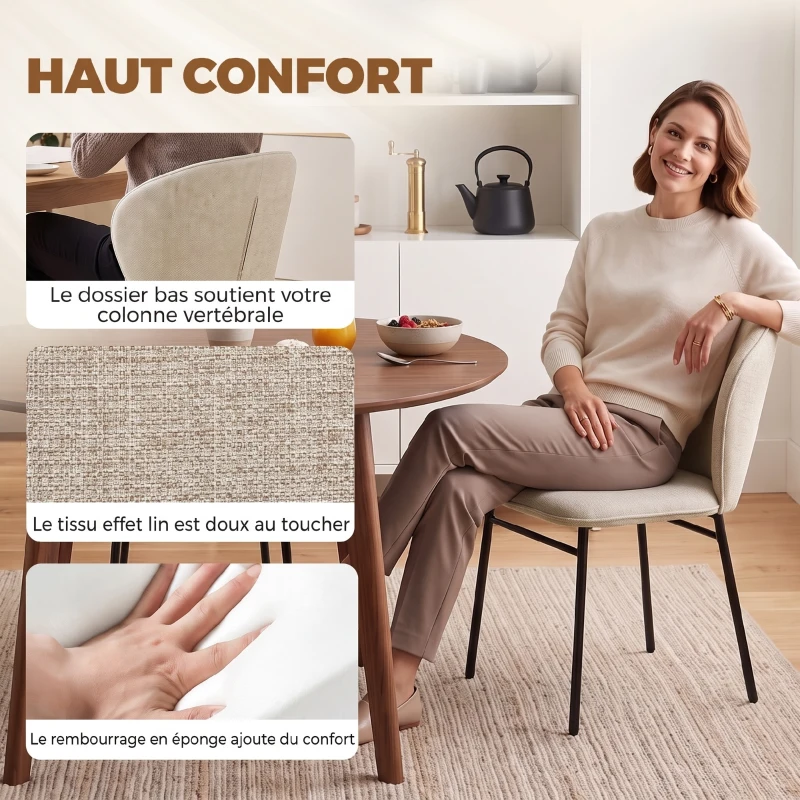 HOMCOM Lot de 2 chaises de salle à manger assise rembourrée en tissu aspect lin pieds en acier stable design moderne crème