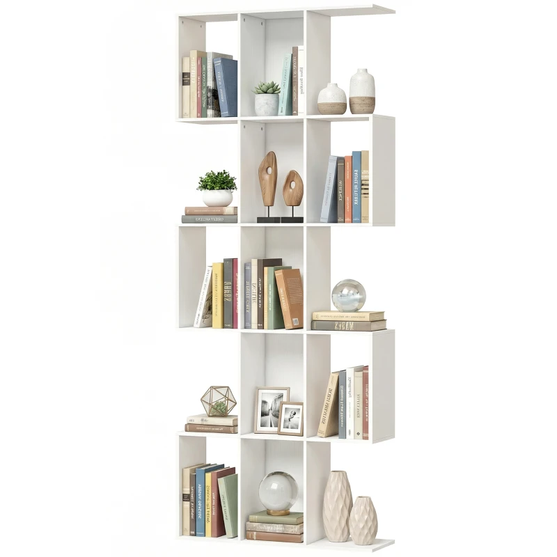 HOMCOM Bibliothèque à 5 niveaux, étagère de rangement en forme S avec 15 compartiments ouverts, 80 x 24 x 200 cm, blanc