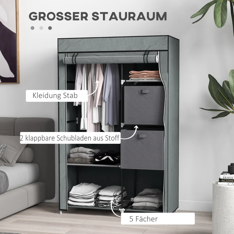 HOMCOM Stoffschrank Kleiderschrank faltbarer Schrank, 1 Kleiderstange, 6 Regalböden, 102 x 42.5 x 162.5 cm, Grau