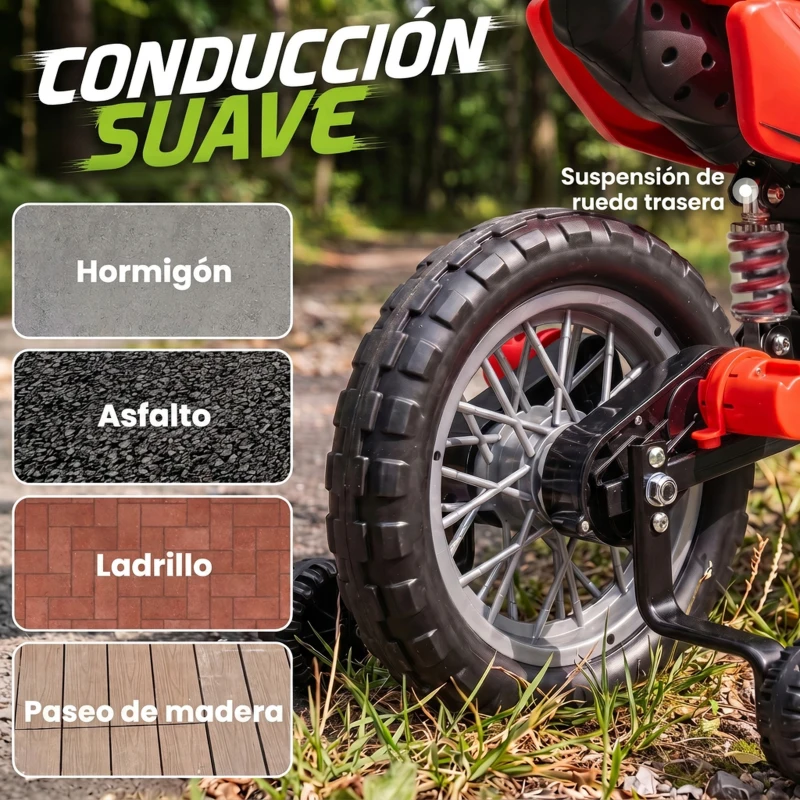 AIYAPLAY Moto Eléctrica Niños 12V con 2 Ruedas Auxiliares Desmontables 2 Motores Suspensión Trasera 3 km/h 3-6 Años Rojo