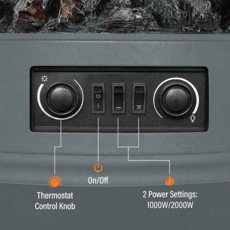 HOMCOM Electric Fireplace Stove, 1000W/2000W, Electric Fire Heater with LED Flame Effect, Adjustable Thermostat, Grey