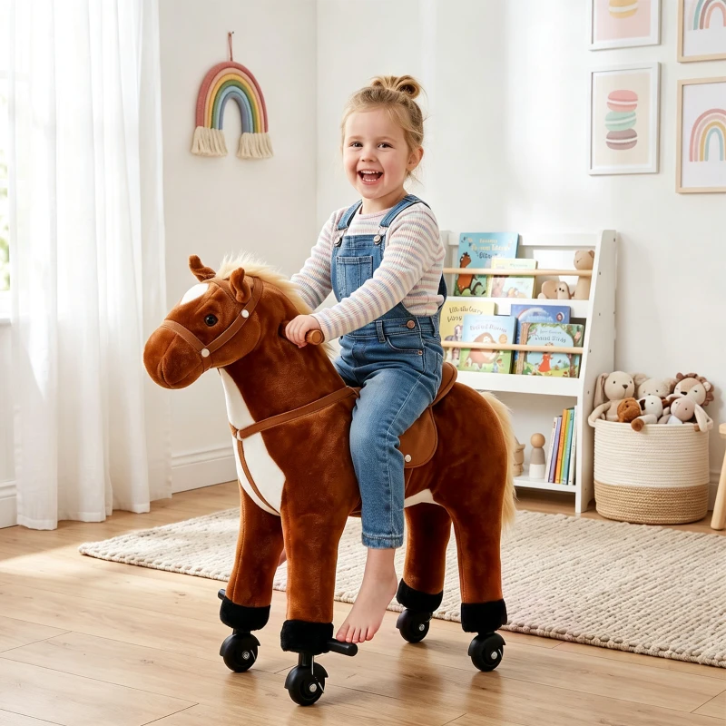 HOMCOM Cheval à Monter pour Enfant, Cheval à Roulettes en Peluche, Sons Réalistes, Poignée, 75 cm de Haut, Marron