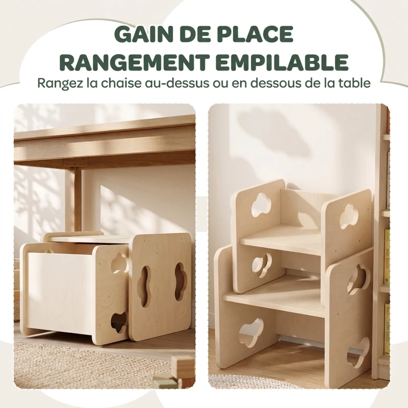 AIYAPLAY Ensemble Table et Chaise Enfant Réversible, Hauteurs Réglables, Poignées Nuage, 18-36 Mois, 38 x 36 x 33,5 cm, Naturel