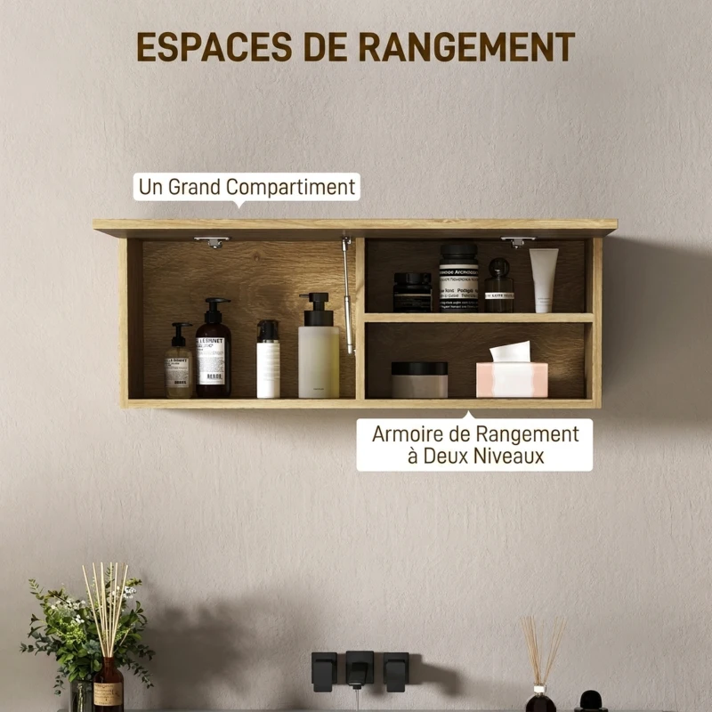 HOMCOM Armoire murale de salle de bain, meuble de rangement suspendu avec porte à charnières, 80 x 25 x 30 cm, bois naturel(m-5)