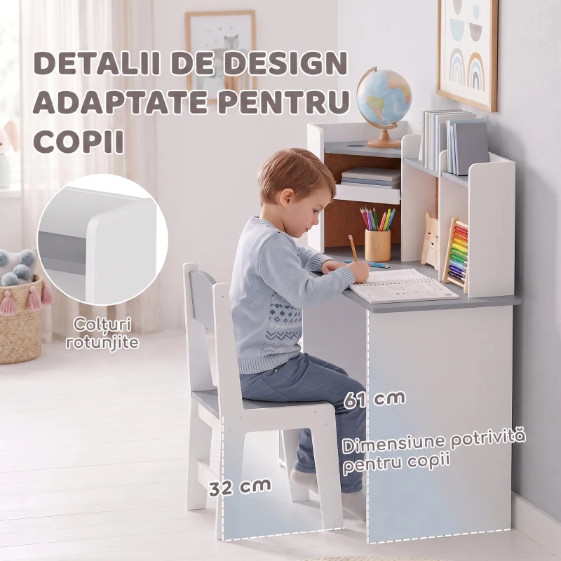 AIYAPLAY Set birou și scaun pentru copii cu suport pentru pixuri, suport reglabil pentru tabletă, dulapuri și tablă din plută, gri